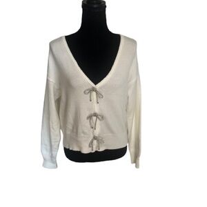 Crown And Ivy White V Neck Rhinestone Bows Cardigan Sweater Sz S Coquette Flirty